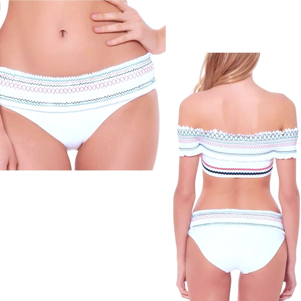 $82 Red Carter Smocked Band Hipster Bikini Bottoms Small 4 6 White Mod Coverage